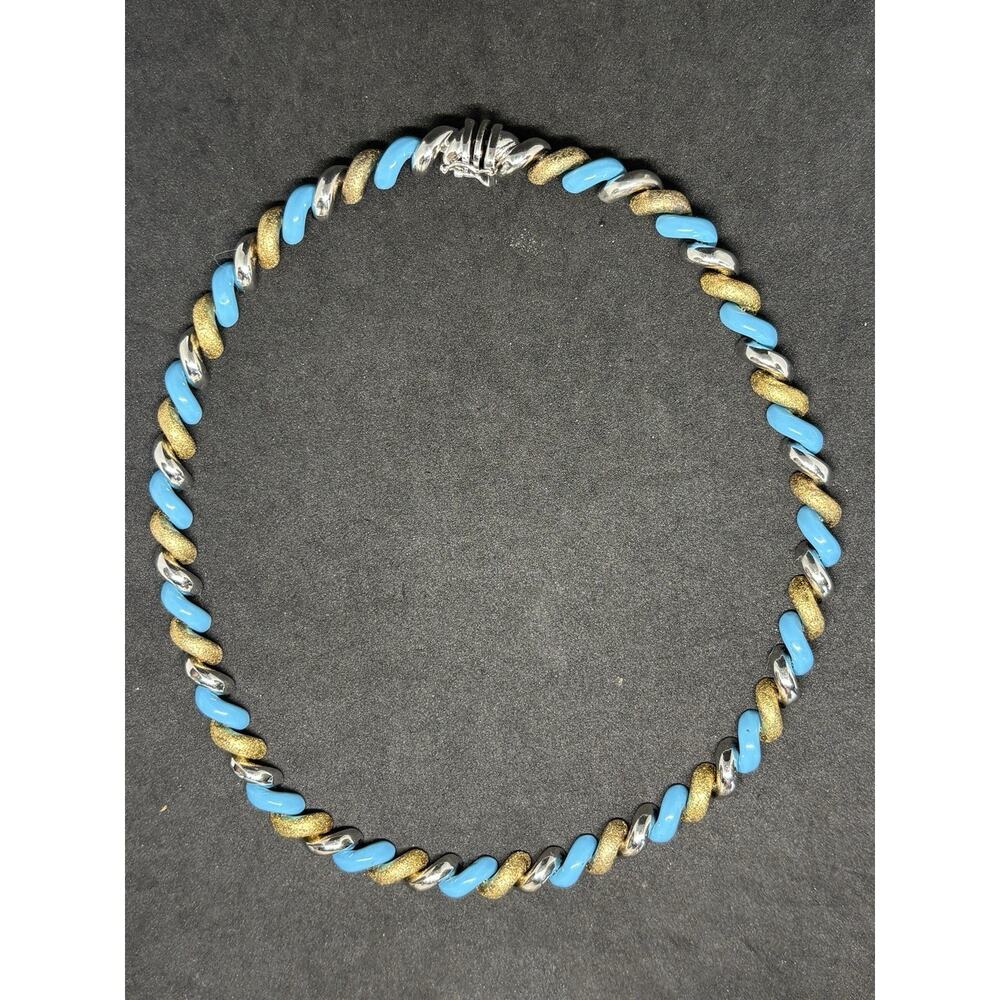 Vintage Sterling Silver 925 3 Tone Gold Turquoise Enamel Twisted Necklace KR 32g - Picture 3 of 13